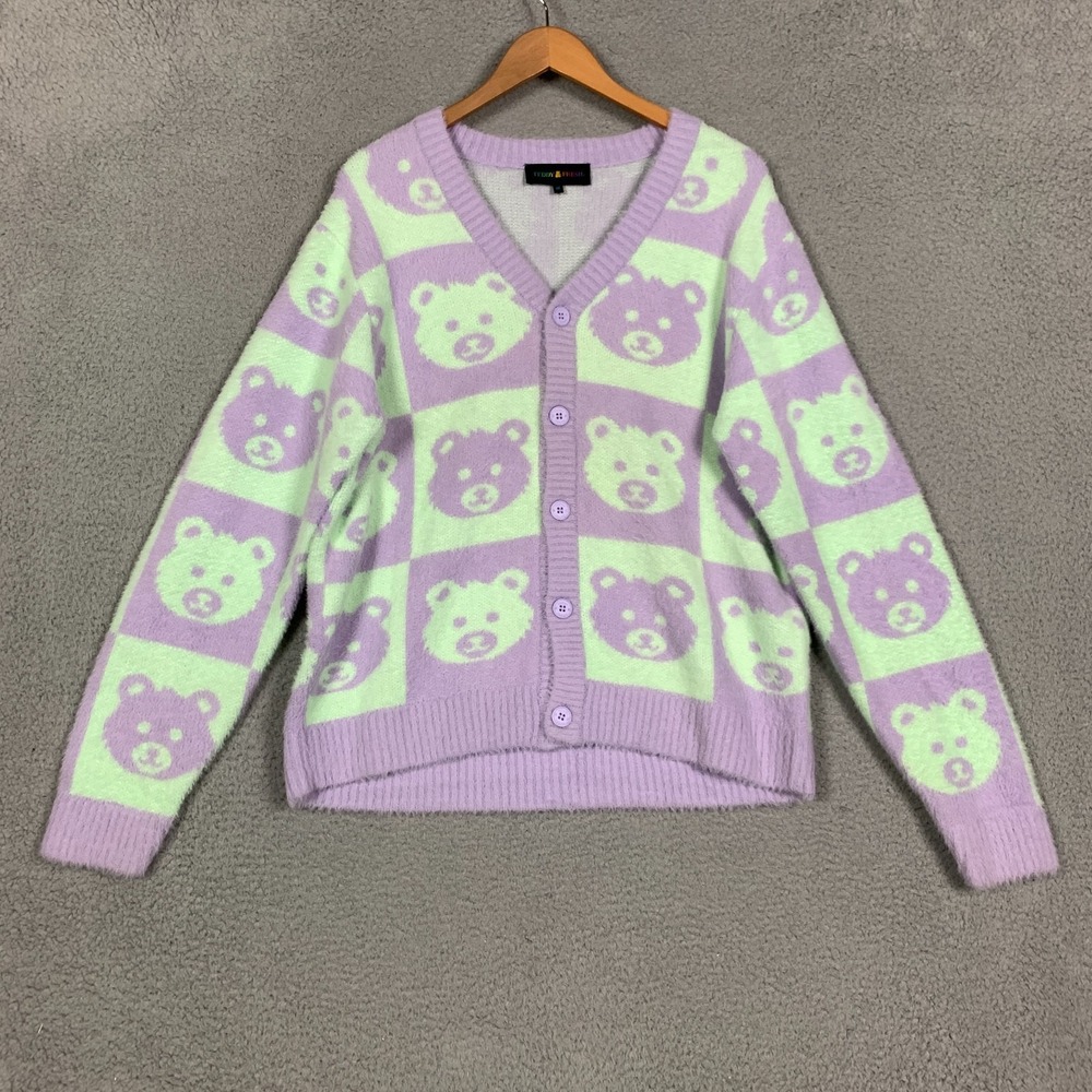 Teddy Fresh Cardigan‎ Sweater Women's Medium Mint/Purple Check Bear Button Front
